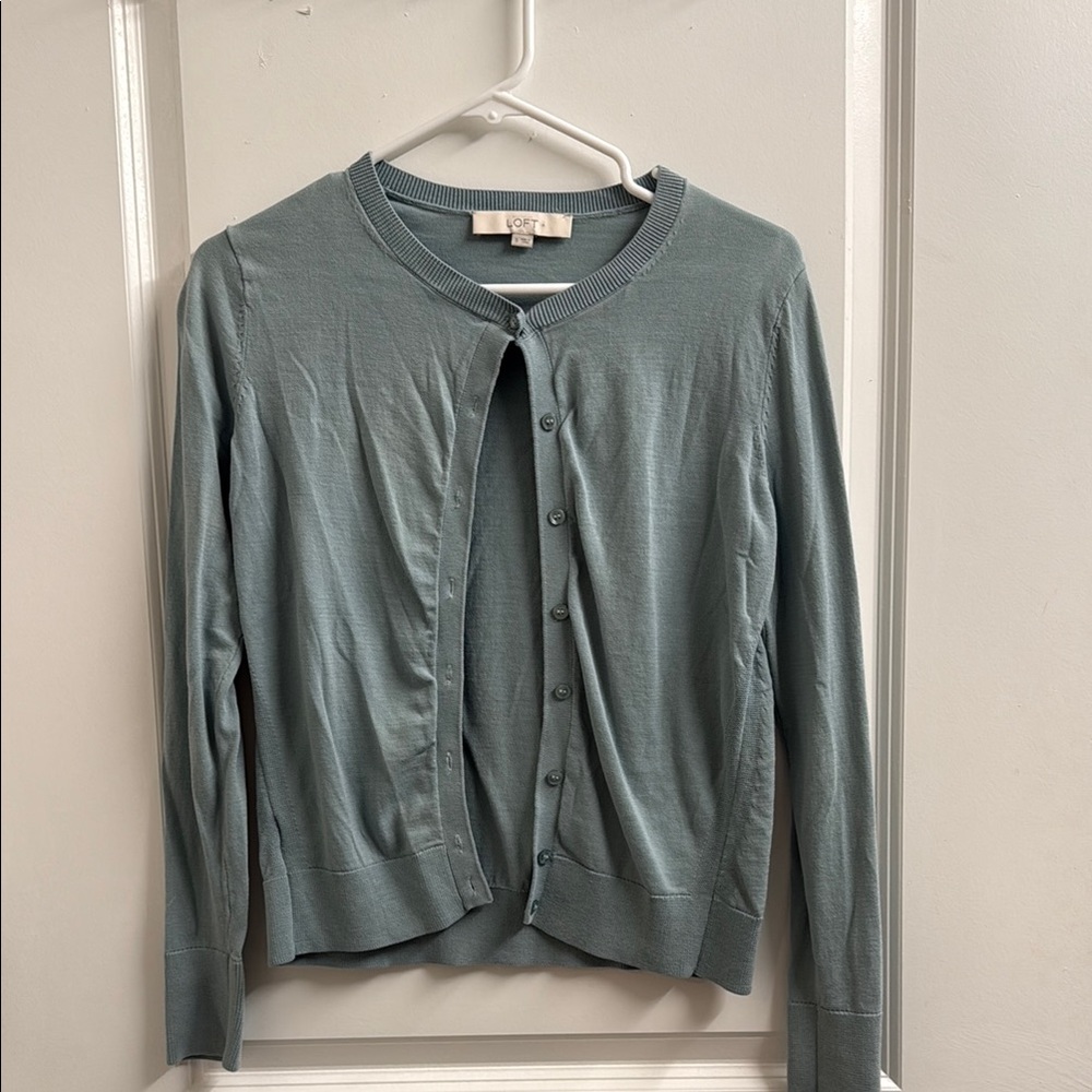 LOFT Green Cardigan Sweater with Cropped Length